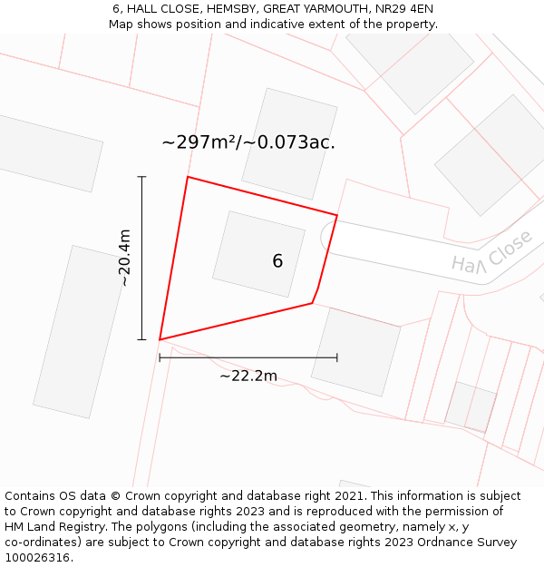 6, HALL CLOSE, HEMSBY, GREAT YARMOUTH, NR29 4EN: Plot and title map