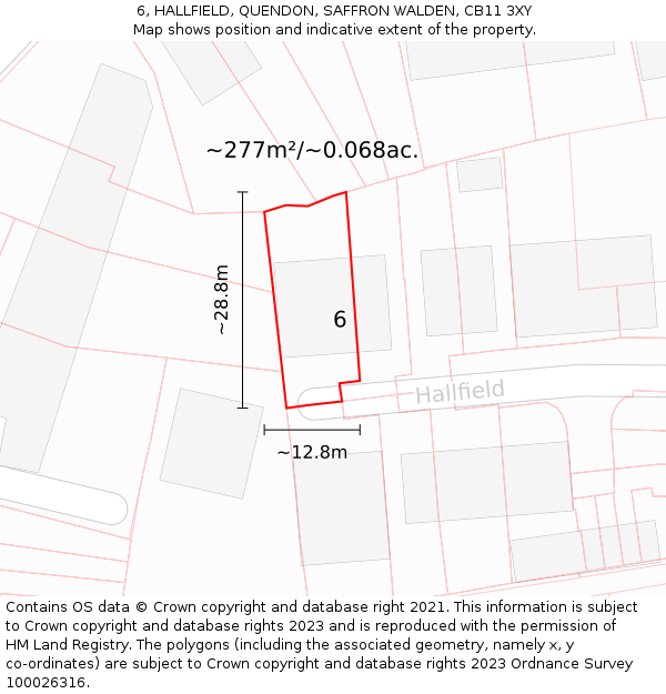 6, HALLFIELD, QUENDON, SAFFRON WALDEN, CB11 3XY: Plot and title map