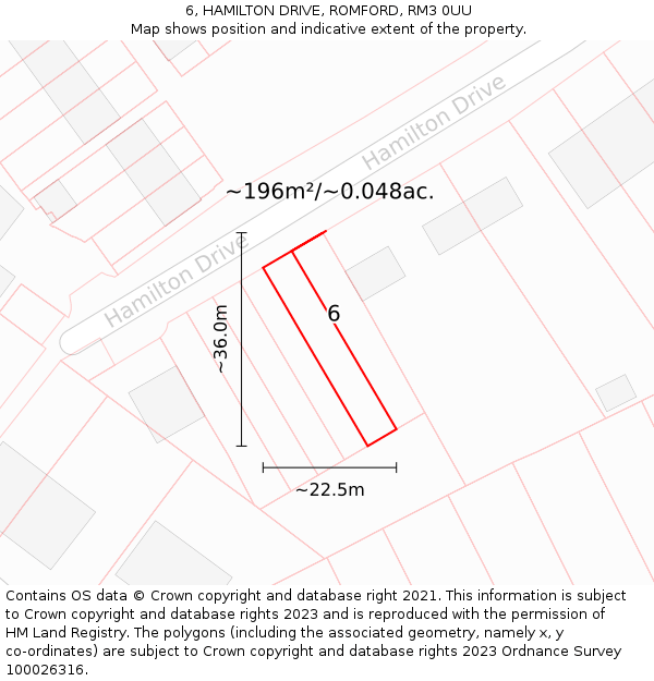 6, HAMILTON DRIVE, ROMFORD, RM3 0UU: Plot and title map