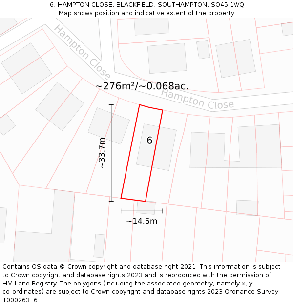 6, HAMPTON CLOSE, BLACKFIELD, SOUTHAMPTON, SO45 1WQ: Plot and title map