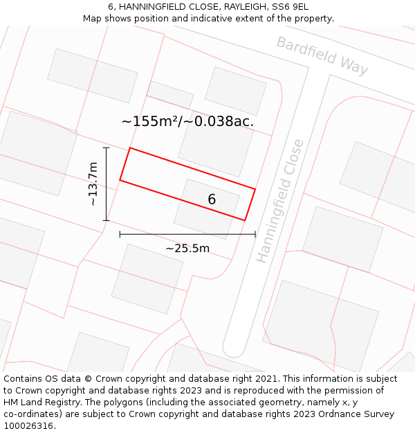 6, HANNINGFIELD CLOSE, RAYLEIGH, SS6 9EL: Plot and title map
