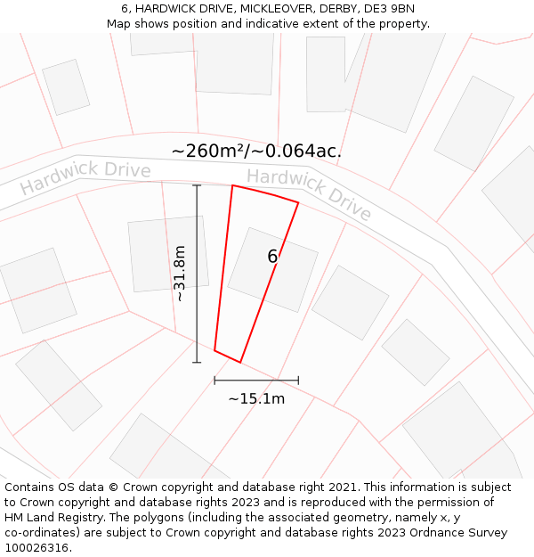 6, HARDWICK DRIVE, MICKLEOVER, DERBY, DE3 9BN: Plot and title map