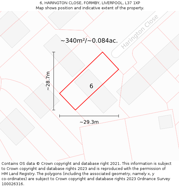 6, HARINGTON CLOSE, FORMBY, LIVERPOOL, L37 1XP: Plot and title map
