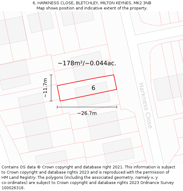 6, HARKNESS CLOSE, BLETCHLEY, MILTON KEYNES, MK2 3NB: Plot and title map