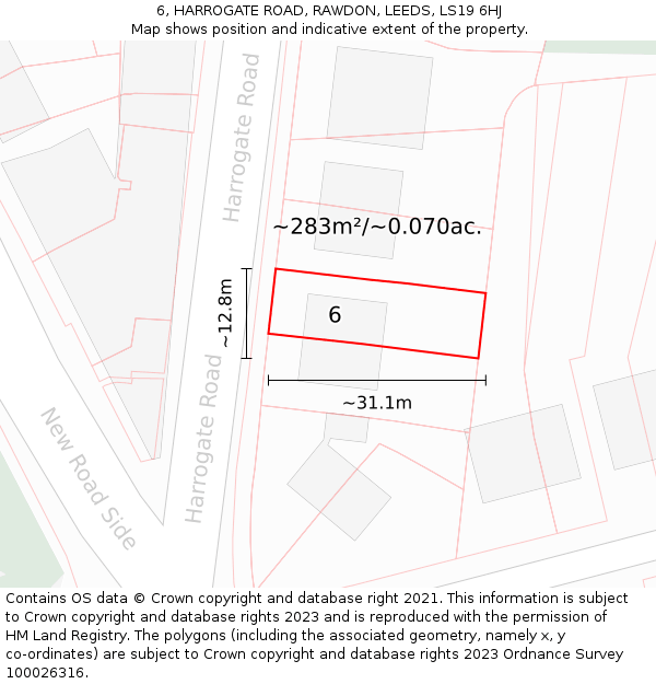 6, HARROGATE ROAD, RAWDON, LEEDS, LS19 6HJ: Plot and title map