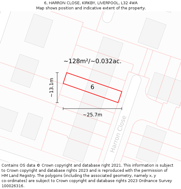 6, HARRON CLOSE, KIRKBY, LIVERPOOL, L32 4WA: Plot and title map