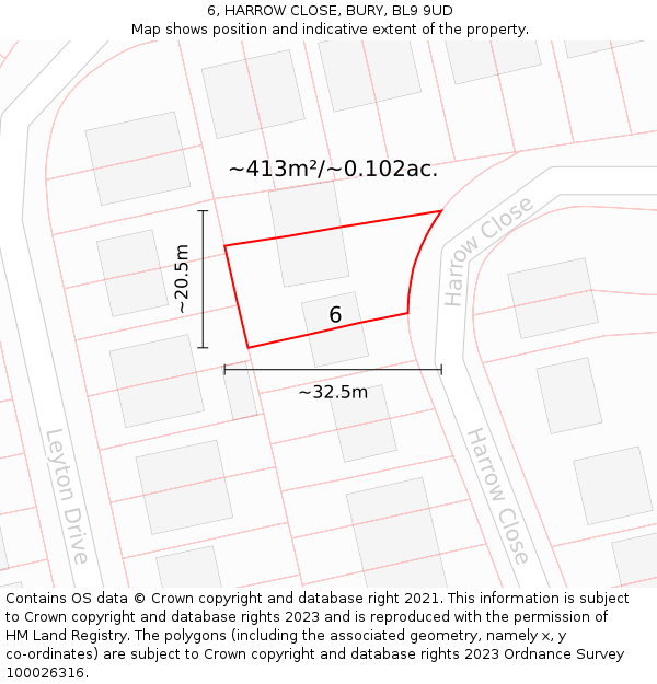 6, HARROW CLOSE, BURY, BL9 9UD: Plot and title map