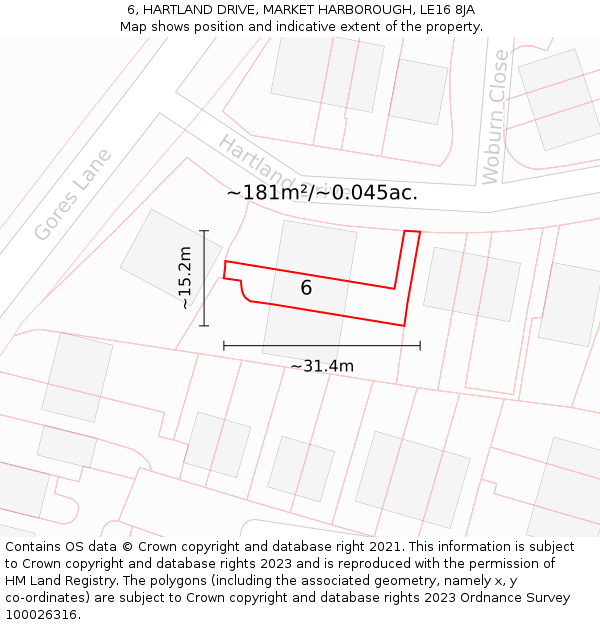 6, HARTLAND DRIVE, MARKET HARBOROUGH, LE16 8JA: Plot and title map