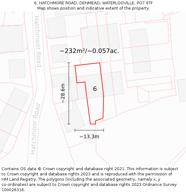 6, HATCHMORE ROAD, DENMEAD, WATERLOOVILLE, PO7 6TF: Plot and title map
