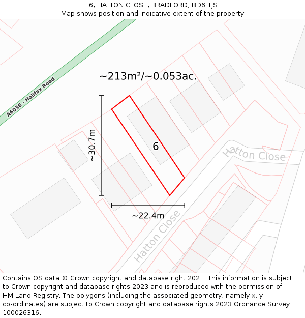 6, HATTON CLOSE, BRADFORD, BD6 1JS: Plot and title map