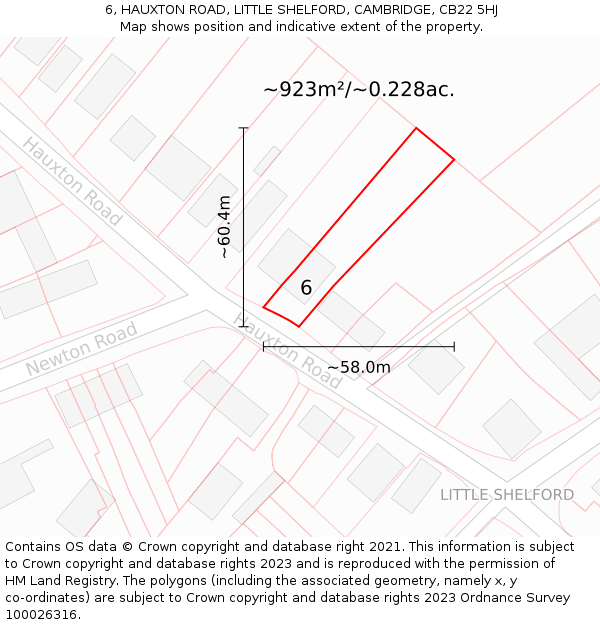 6, HAUXTON ROAD, LITTLE SHELFORD, CAMBRIDGE, CB22 5HJ: Plot and title map