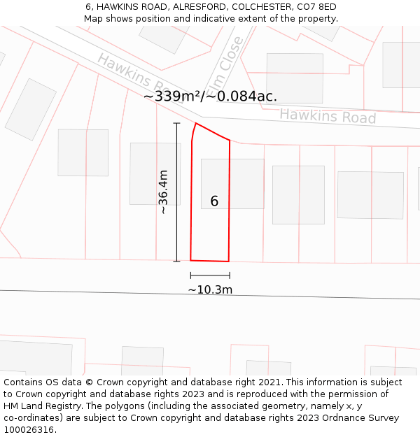 6, HAWKINS ROAD, ALRESFORD, COLCHESTER, CO7 8ED: Plot and title map