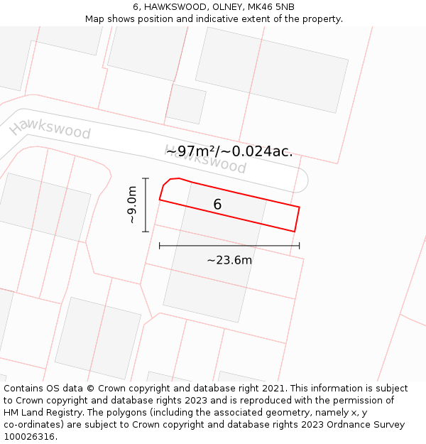 6, HAWKSWOOD, OLNEY, MK46 5NB: Plot and title map