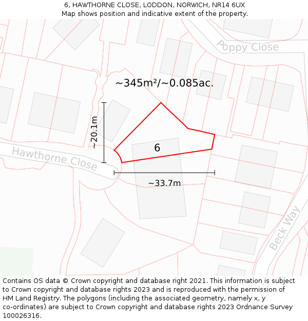 6, HAWTHORNE CLOSE, LODDON, NORWICH, NR14 6UX: Plot and title map