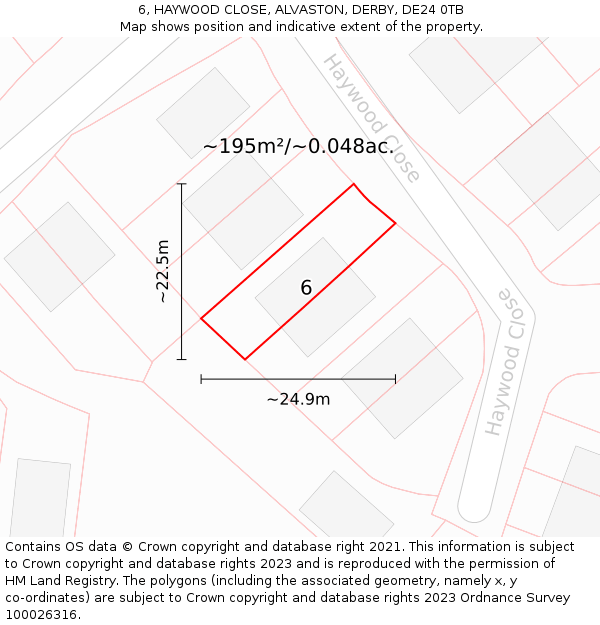 6, HAYWOOD CLOSE, ALVASTON, DERBY, DE24 0TB: Plot and title map