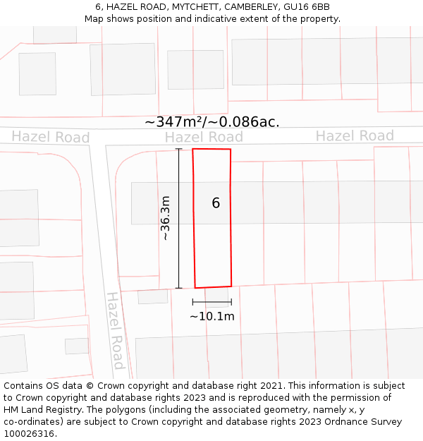 6, HAZEL ROAD, MYTCHETT, CAMBERLEY, GU16 6BB: Plot and title map