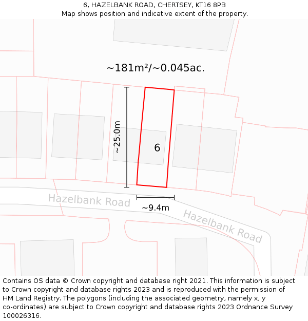 6, HAZELBANK ROAD, CHERTSEY, KT16 8PB: Plot and title map