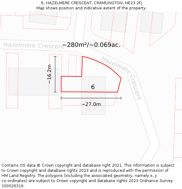 6, HAZELMERE CRESCENT, CRAMLINGTON, NE23 2FJ: Plot and title map