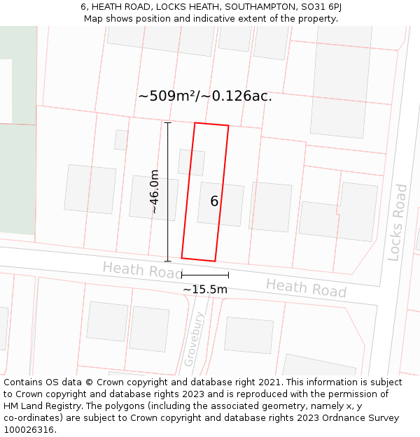 6, HEATH ROAD, LOCKS HEATH, SOUTHAMPTON, SO31 6PJ: Plot and title map