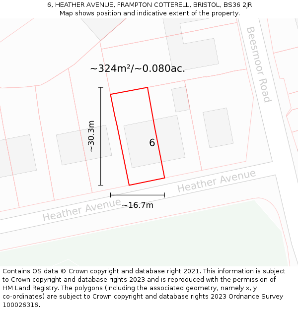 6, HEATHER AVENUE, FRAMPTON COTTERELL, BRISTOL, BS36 2JR: Plot and title map