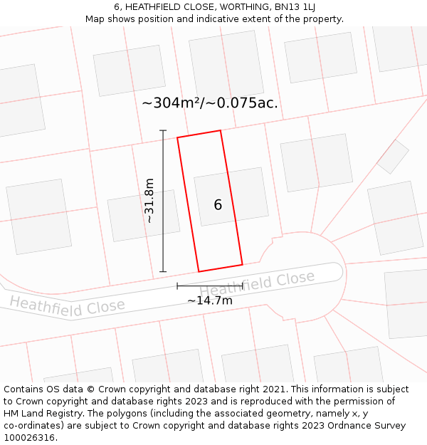 6, HEATHFIELD CLOSE, WORTHING, BN13 1LJ: Plot and title map