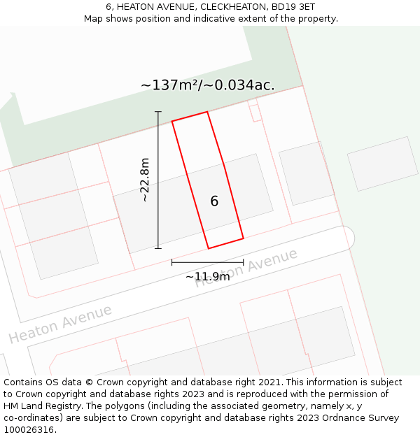 6, HEATON AVENUE, CLECKHEATON, BD19 3ET: Plot and title map