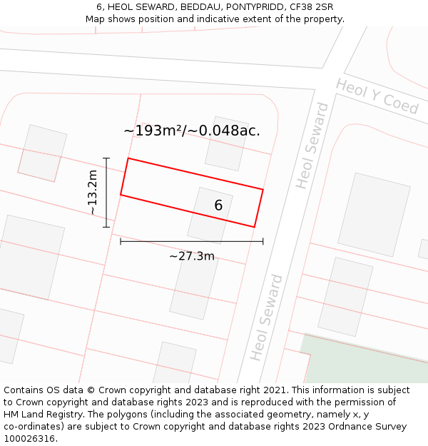 6, HEOL SEWARD, BEDDAU, PONTYPRIDD, CF38 2SR: Plot and title map
