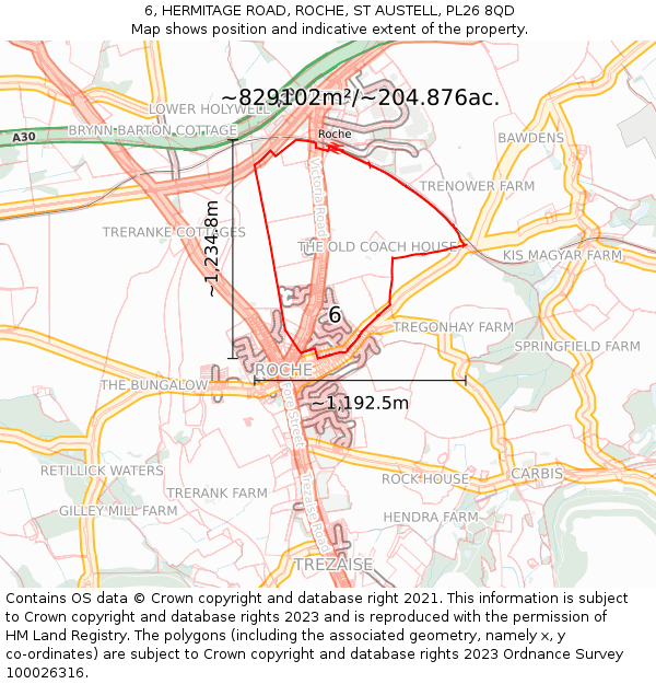 6, HERMITAGE ROAD, ROCHE, ST AUSTELL, PL26 8QD: Plot and title map