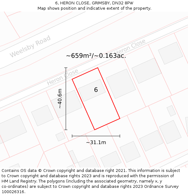 6, HERON CLOSE, GRIMSBY, DN32 8PW: Plot and title map