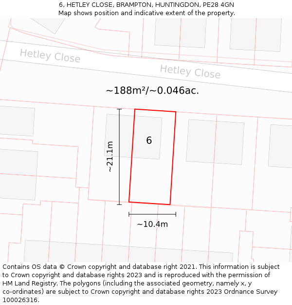 6, HETLEY CLOSE, BRAMPTON, HUNTINGDON, PE28 4GN: Plot and title map