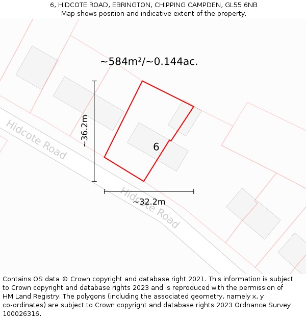 6, HIDCOTE ROAD, EBRINGTON, CHIPPING CAMPDEN, GL55 6NB: Plot and title map