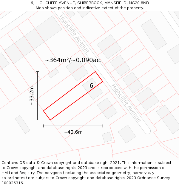 6, HIGHCLIFFE AVENUE, SHIREBROOK, MANSFIELD, NG20 8NB: Plot and title map