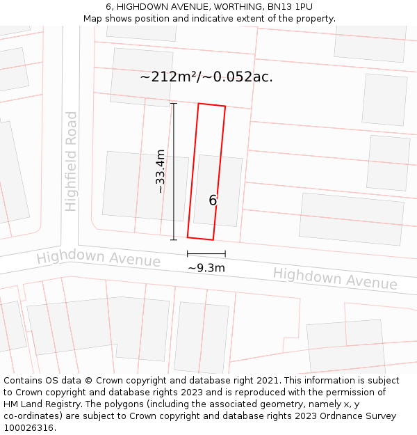6, HIGHDOWN AVENUE, WORTHING, BN13 1PU: Plot and title map