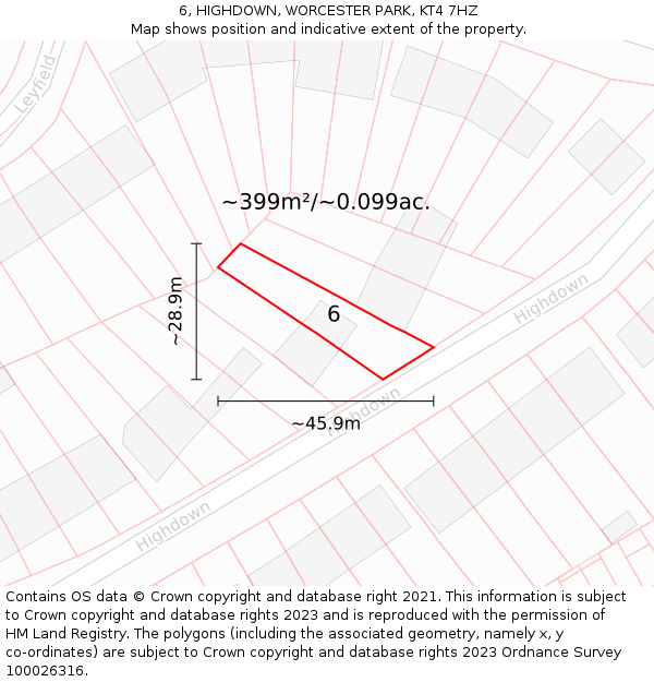 6, HIGHDOWN, WORCESTER PARK, KT4 7HZ: Plot and title map