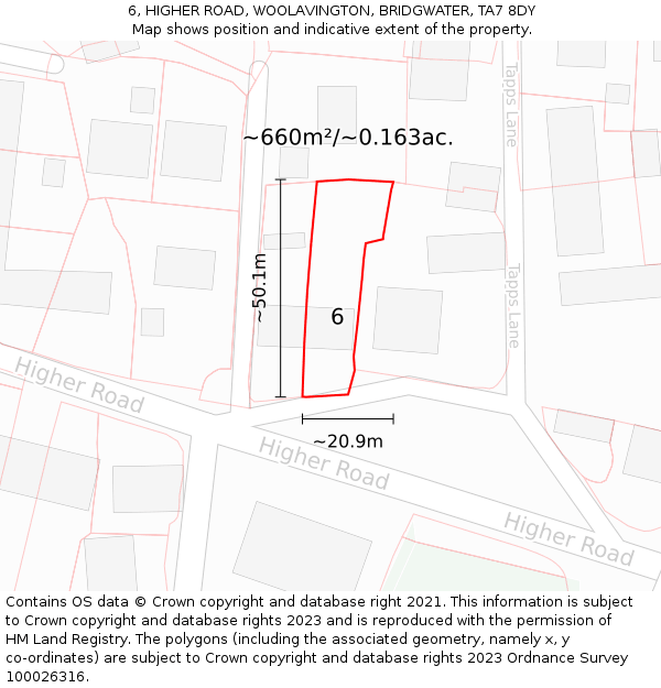 6, HIGHER ROAD, WOOLAVINGTON, BRIDGWATER, TA7 8DY: Plot and title map