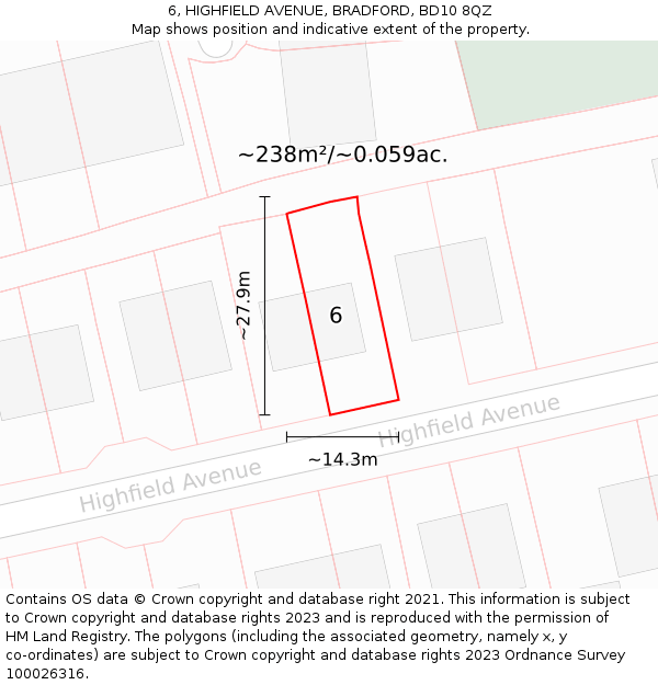 6, HIGHFIELD AVENUE, BRADFORD, BD10 8QZ: Plot and title map