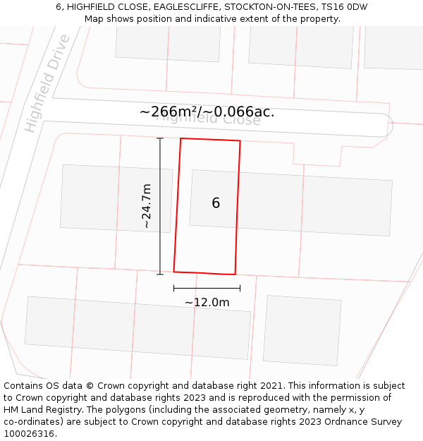 6, HIGHFIELD CLOSE, EAGLESCLIFFE, STOCKTON-ON-TEES, TS16 0DW: Plot and title map