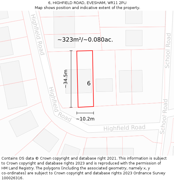 6, HIGHFIELD ROAD, EVESHAM, WR11 2PU: Plot and title map