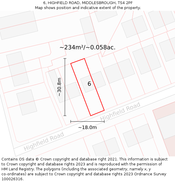 6, HIGHFIELD ROAD, MIDDLESBROUGH, TS4 2PF: Plot and title map
