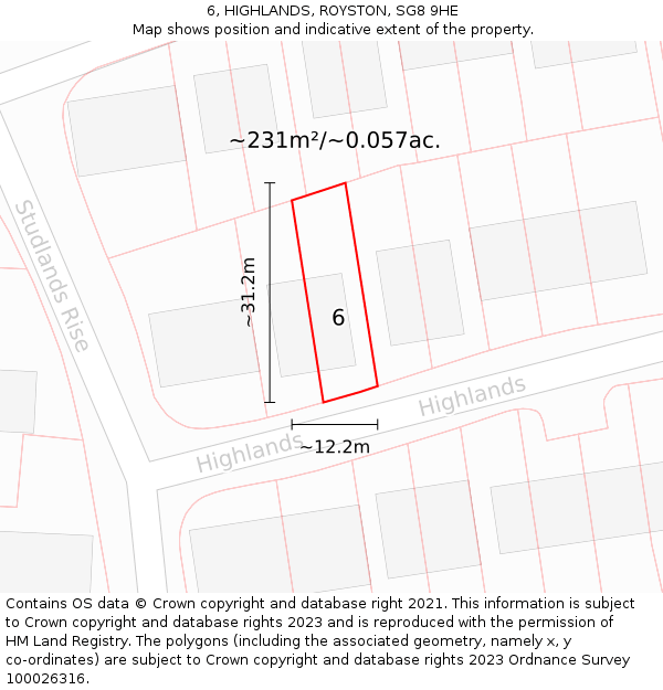 6, HIGHLANDS, ROYSTON, SG8 9HE: Plot and title map