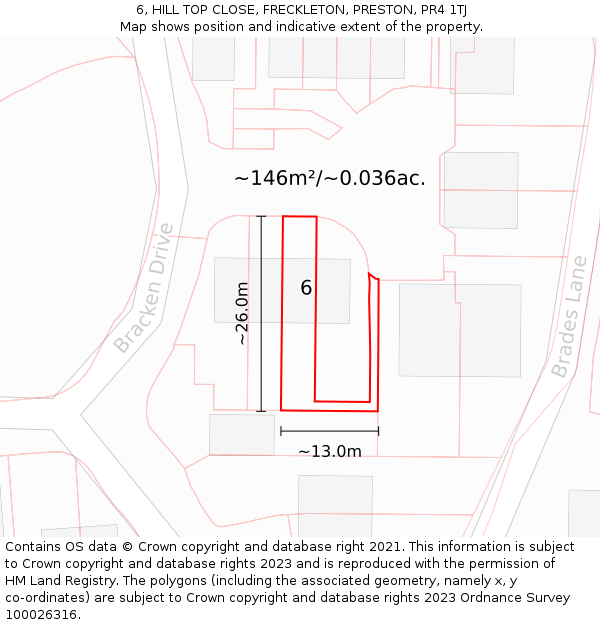 6, HILL TOP CLOSE, FRECKLETON, PRESTON, PR4 1TJ: Plot and title map