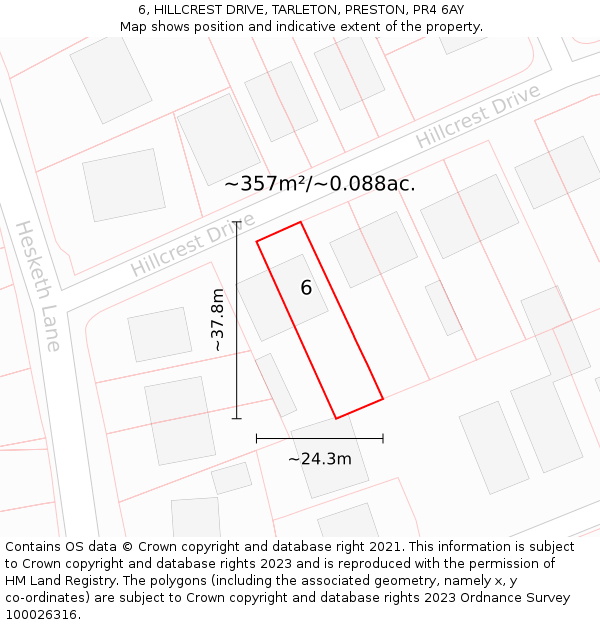 6, HILLCREST DRIVE, TARLETON, PRESTON, PR4 6AY: Plot and title map