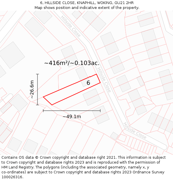 6, HILLSIDE CLOSE, KNAPHILL, WOKING, GU21 2HR: Plot and title map
