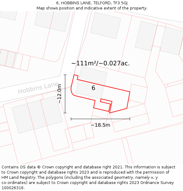 6, HOBBINS LANE, TELFORD, TF3 5GJ: Plot and title map