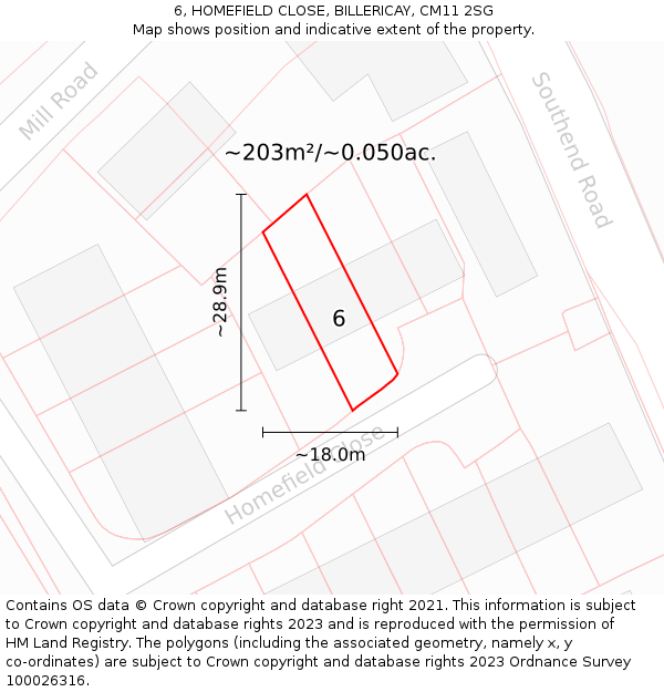 6, HOMEFIELD CLOSE, BILLERICAY, CM11 2SG: Plot and title map