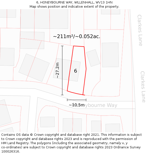 6, HONEYBOURNE WAY, WILLENHALL, WV13 1HN: Plot and title map