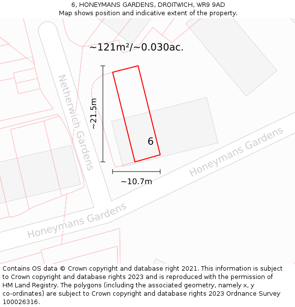 6, HONEYMANS GARDENS, DROITWICH, WR9 9AD: Plot and title map