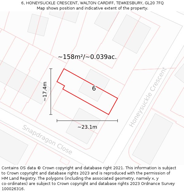 6, HONEYSUCKLE CRESCENT, WALTON CARDIFF, TEWKESBURY, GL20 7FQ: Plot and title map