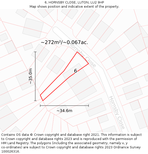 6, HORNSBY CLOSE, LUTON, LU2 9HP: Plot and title map