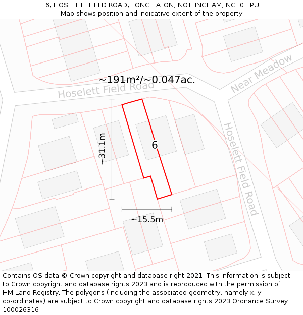 6, HOSELETT FIELD ROAD, LONG EATON, NOTTINGHAM, NG10 1PU: Plot and title map